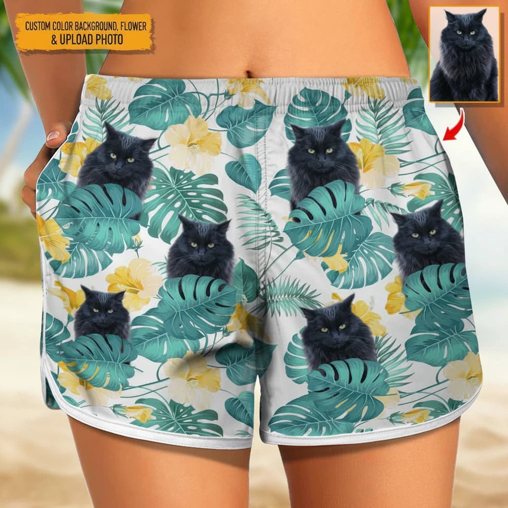 Custom Photo Upload Beach Shorts with Tropical Leaves & Flowers main product photo
