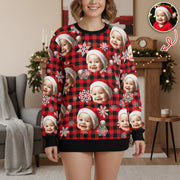 Custom Photo Upload Sweater with Buffalo Plaid and Snowflakes main product photo
