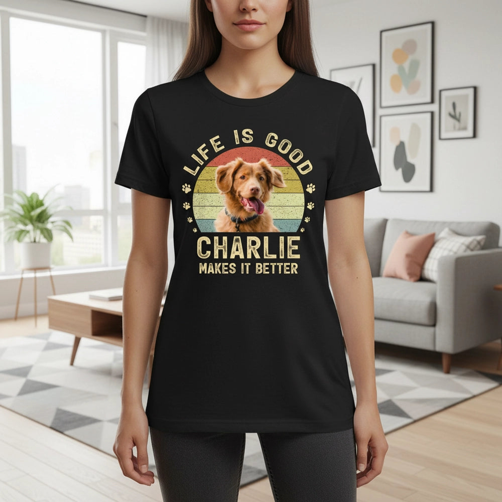 Custom Photo Upload T-Shirt Life Is Good Retro Sunset & Paw Prints main product photo
