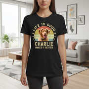 Custom Photo Upload T-Shirt Life Is Good Retro Sunset & Paw Prints main product photo
