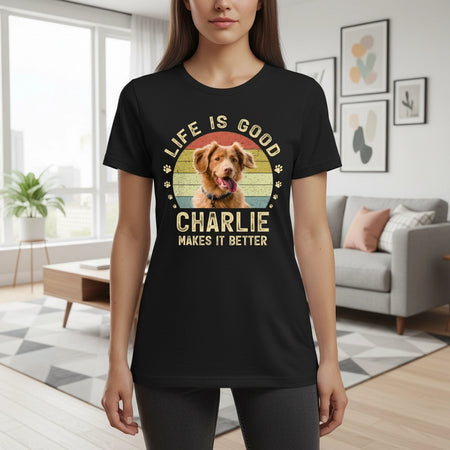 Custom Photo Upload T-Shirt Life Is Good Retro Sunset & Paw Prints main product photo