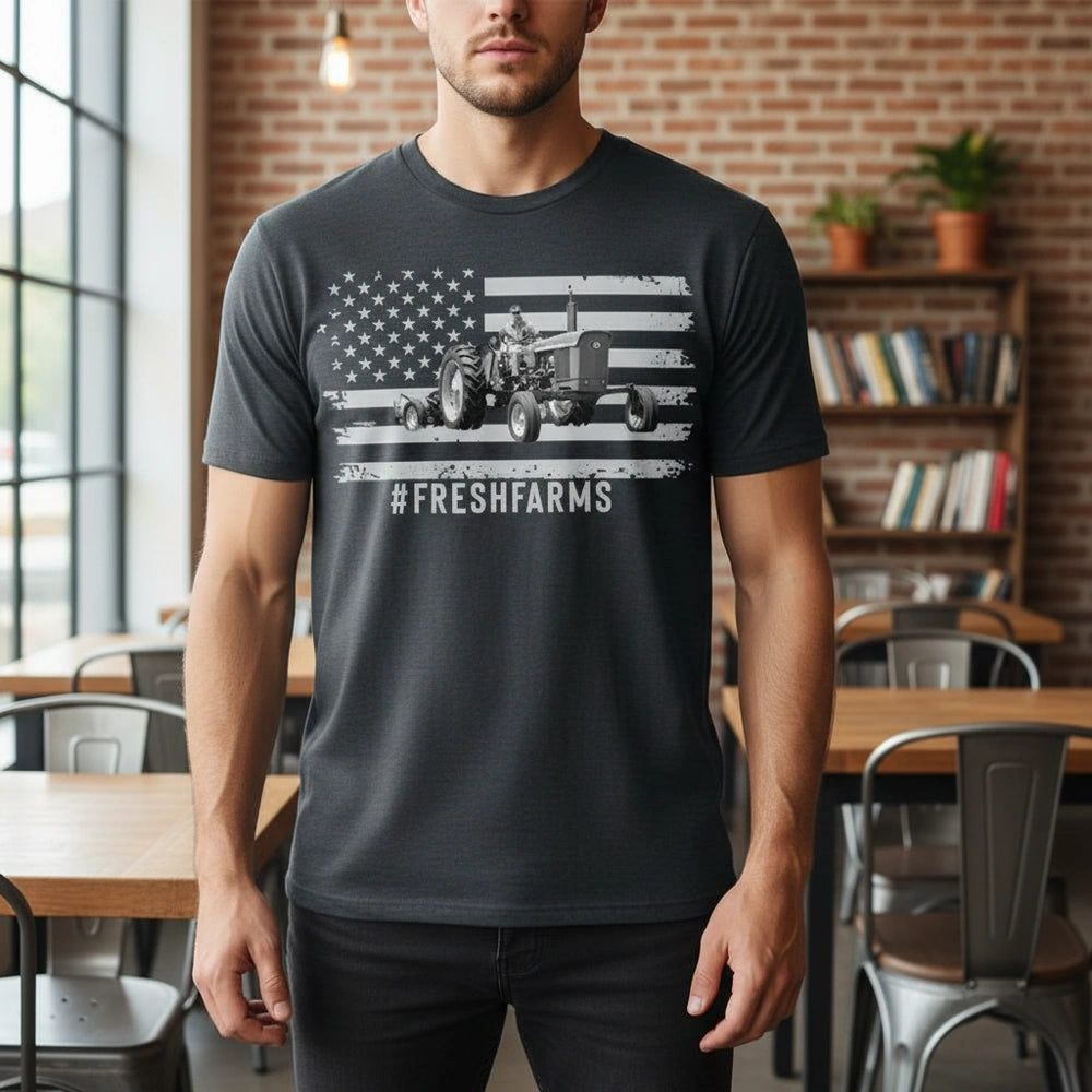 Custom Photo T-Shirt with American Flag Tractor and FRESHFARMS main product photo