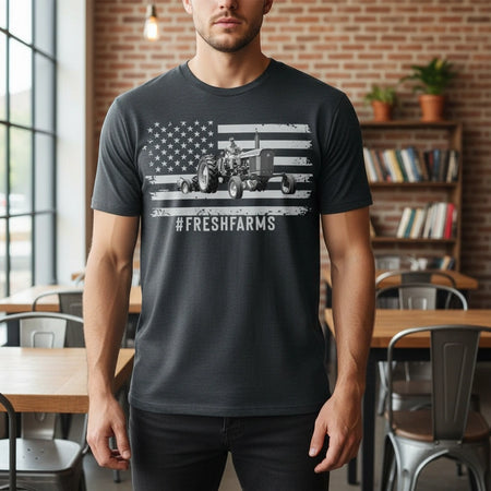 Custom Photo T-Shirt with American Flag Tractor and FRESHFARMS main product photo