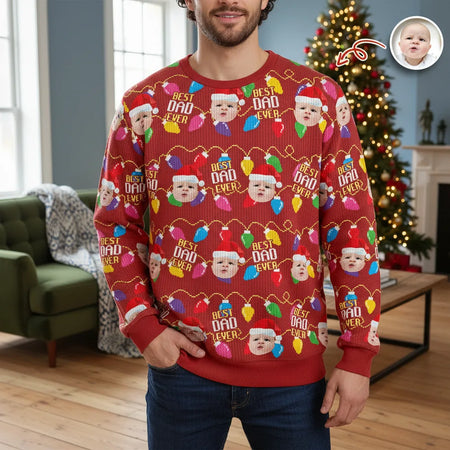 Custom Photo Upload Sweater with Best Dad Ever & Christmas Lights main product photo