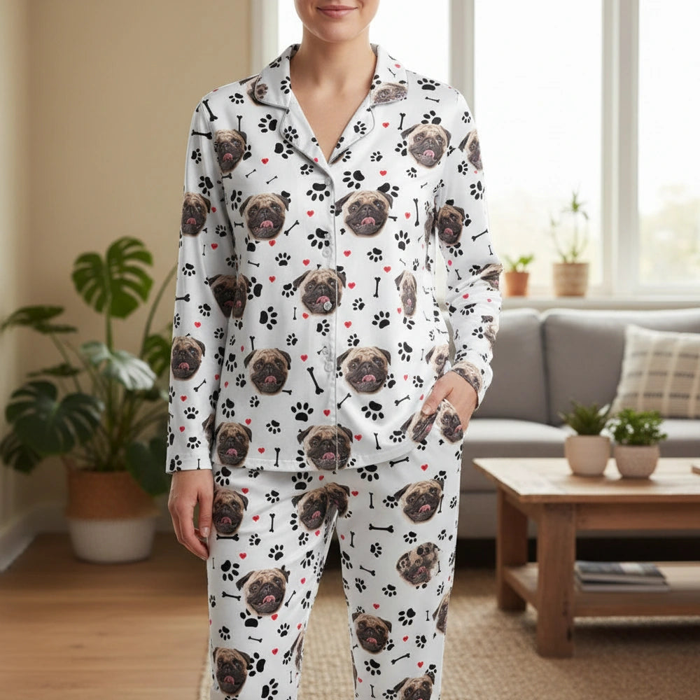 Custom Photo Upload Pajamas with Dog Face Paw Prints & Bones main product photo