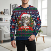 Custom Photo Upload Cat Christmas Ugly Sweater with Fair Isle Pattern main product photo