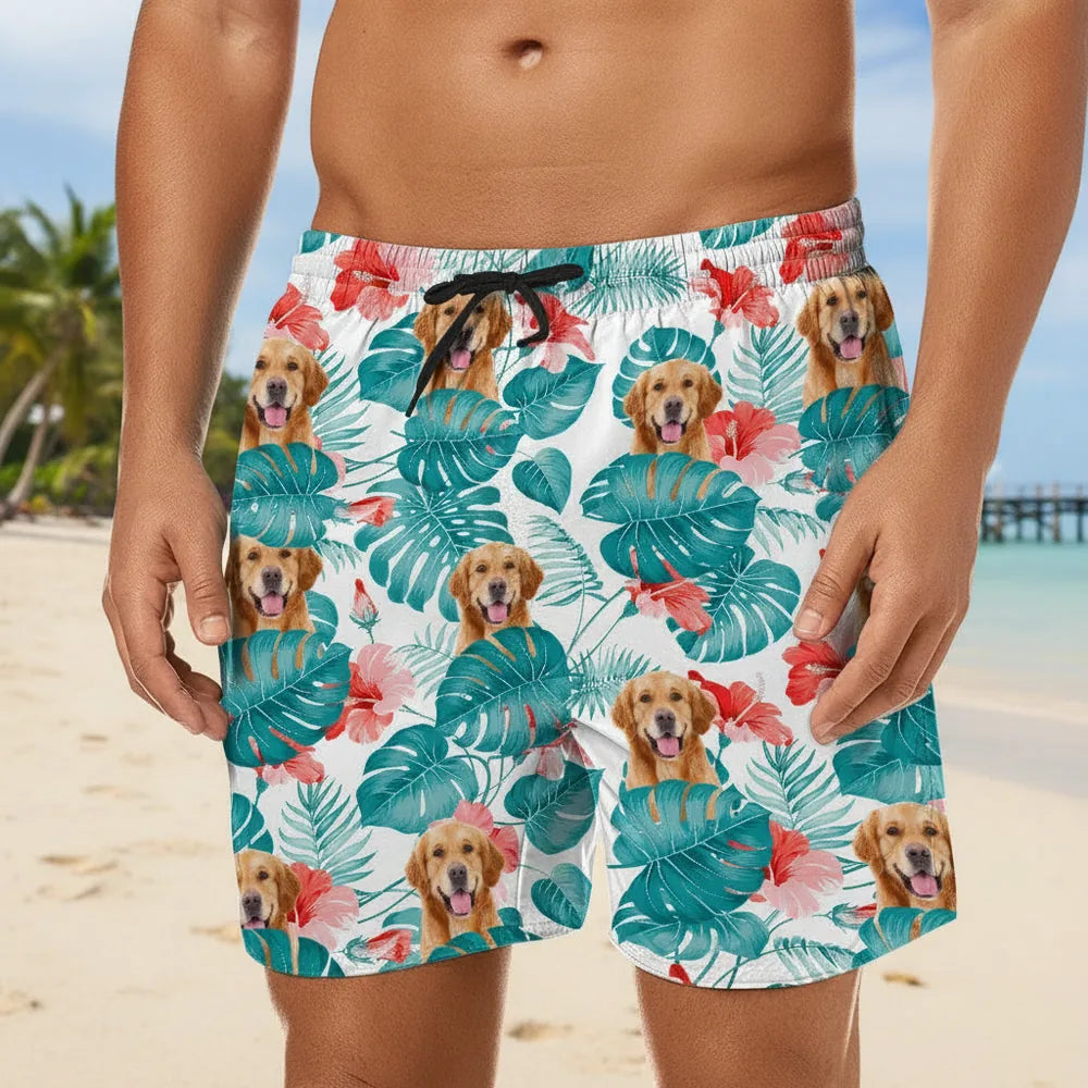 Custom Photo Upload Beach Shorts with Tropical Leaves & Hibiscus main product photo