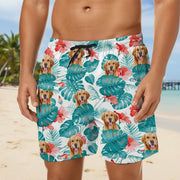 Custom Photo Upload Beach Shorts with Tropical Leaves & Hibiscus main product photo