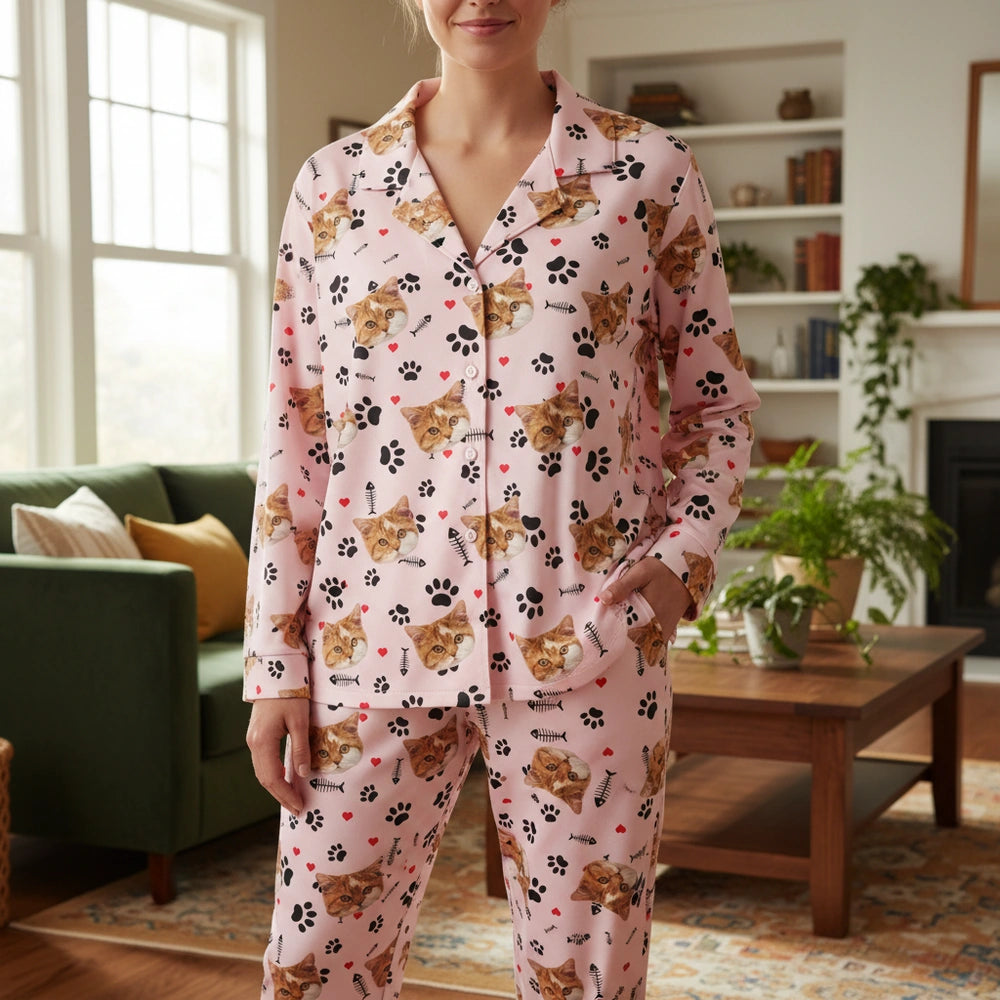 Custom Photo Upload Pajamas with Cat Faces and Paw Prints main product photo