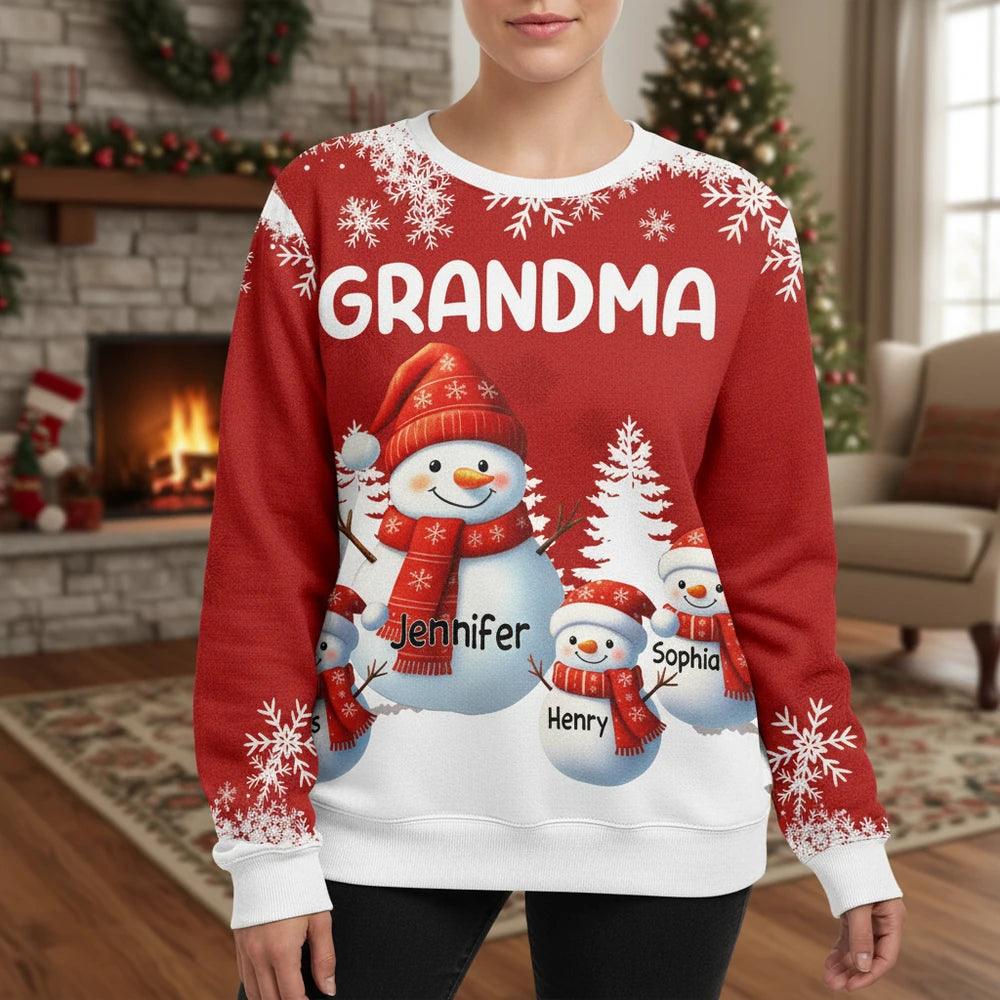 Custom Personalized Sweater with Snowman Family & Snowflakes main product photo