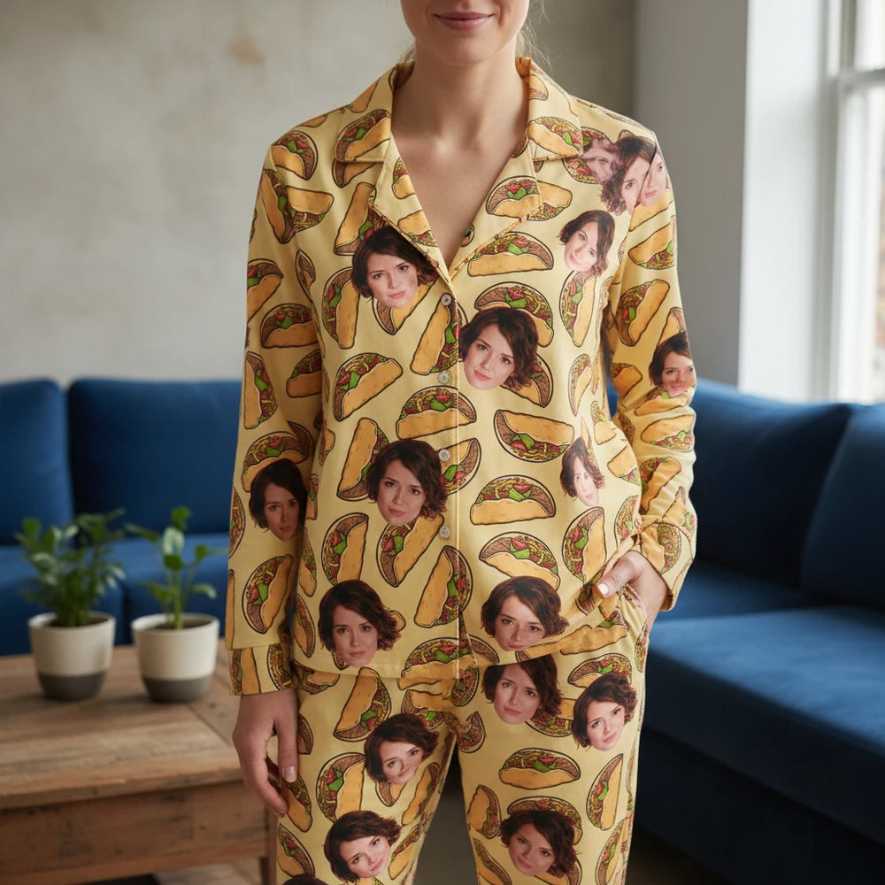 Custom Photo Upload Pajamas with Tacos on Yellow Background main product photo