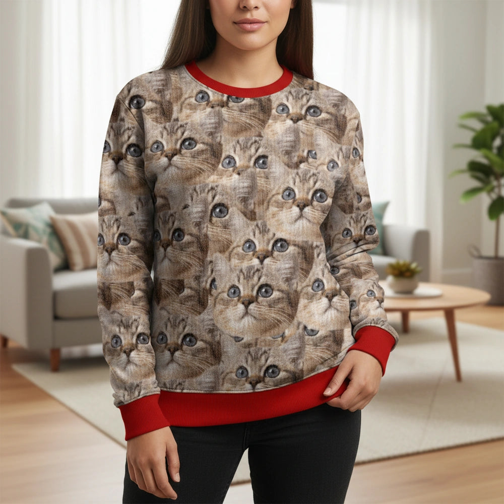 Custom Photo Upload Sweater with Cute Cat Faces Pattern main product photo