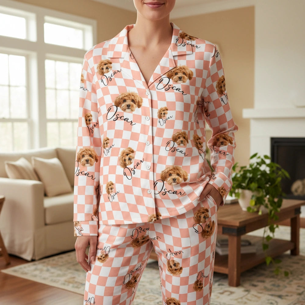 Custom Photo Upload Pajamas with Checkered Pattern & Dog Faces main product photo