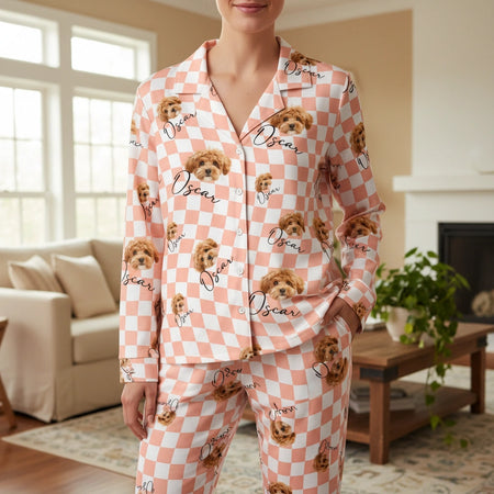 Custom Photo Upload Pajamas with Checkered Pattern & Dog Faces main product photo