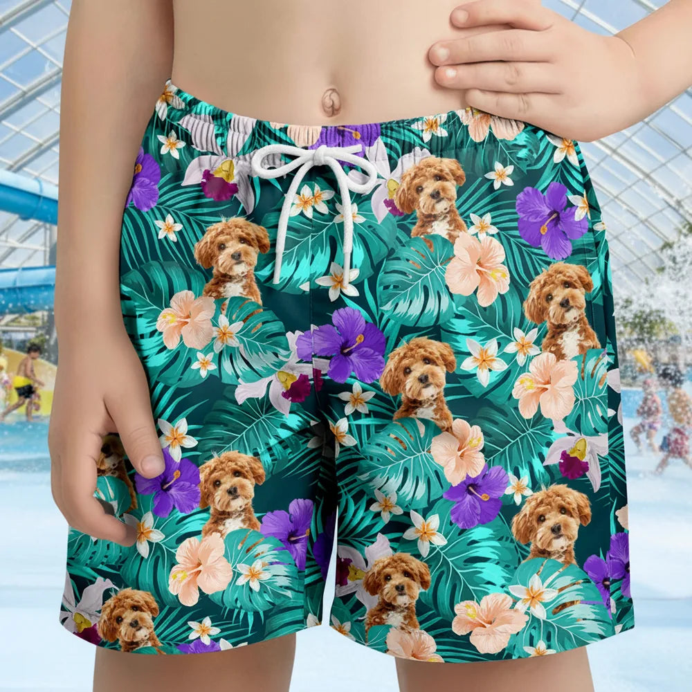 Custom Photo Upload Beach Shorts with Tropical Flowers & Dog Print main product photo