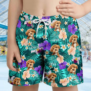 Custom Photo Upload Beach Shorts with Tropical Flowers & Dog Print main product photo