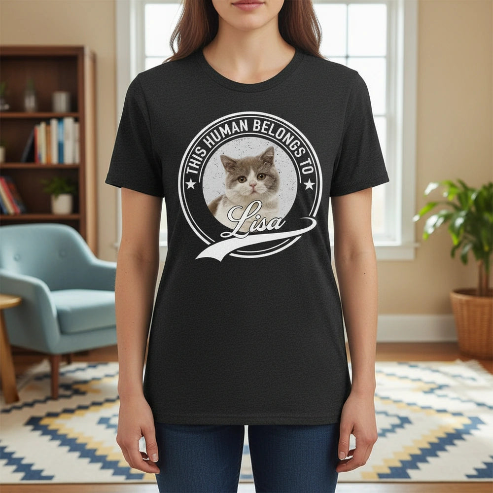 Custom Photo Upload T-Shirt with This Human Belongs To Badge main product photo
