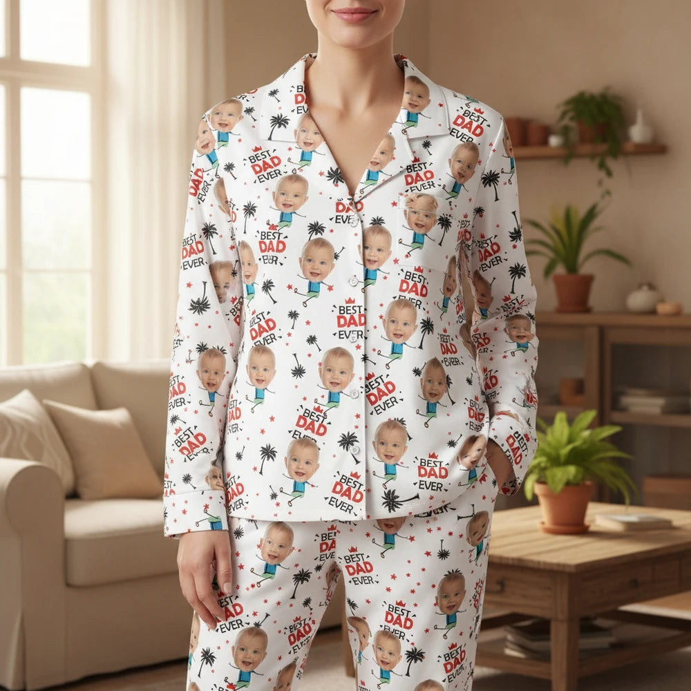 Custom Photo Upload Pajamas with Best Dad Ever Text & Palm Trees main product photo