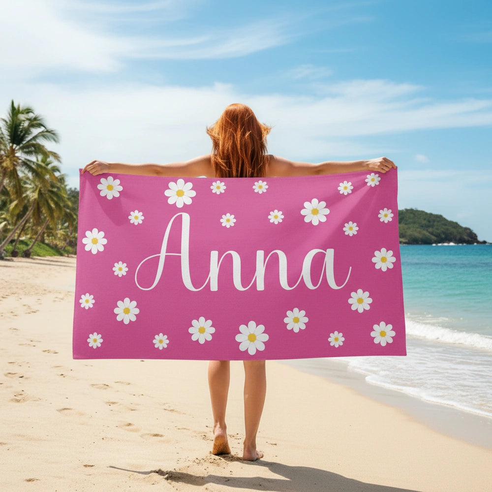 Custom Personalized Beach Towel with White Daisies on Pink main product photo