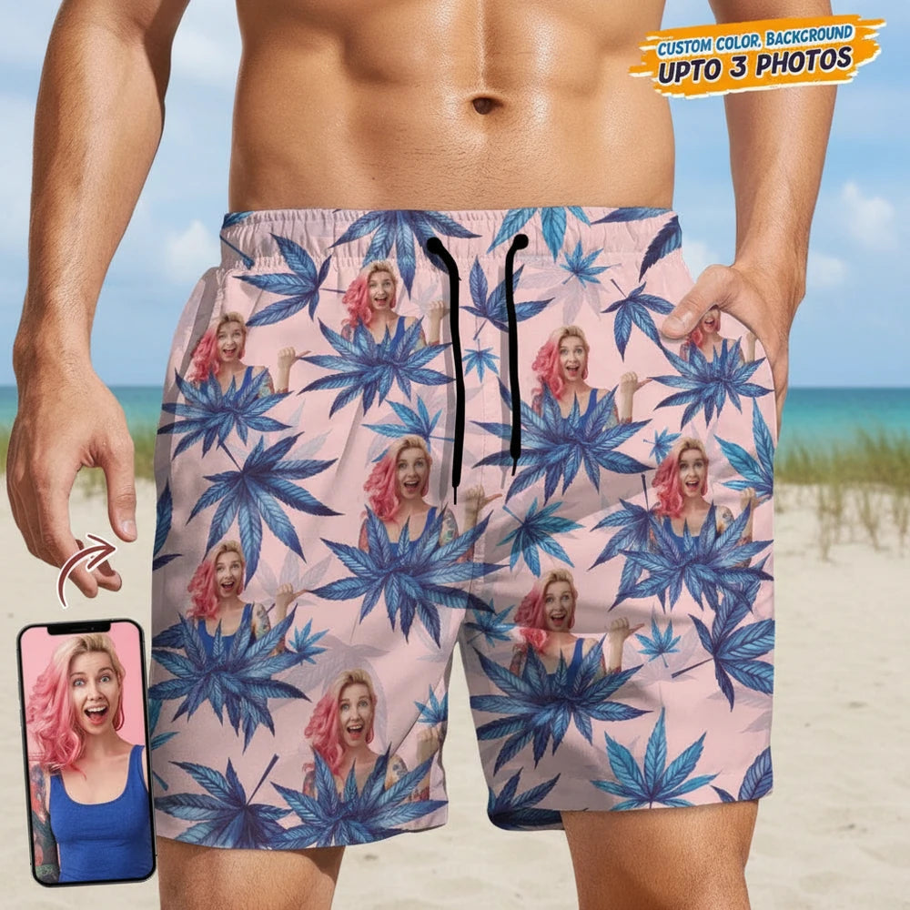Custom Photo Upload Beach Shorts with Blue Palm Leaves main product photo