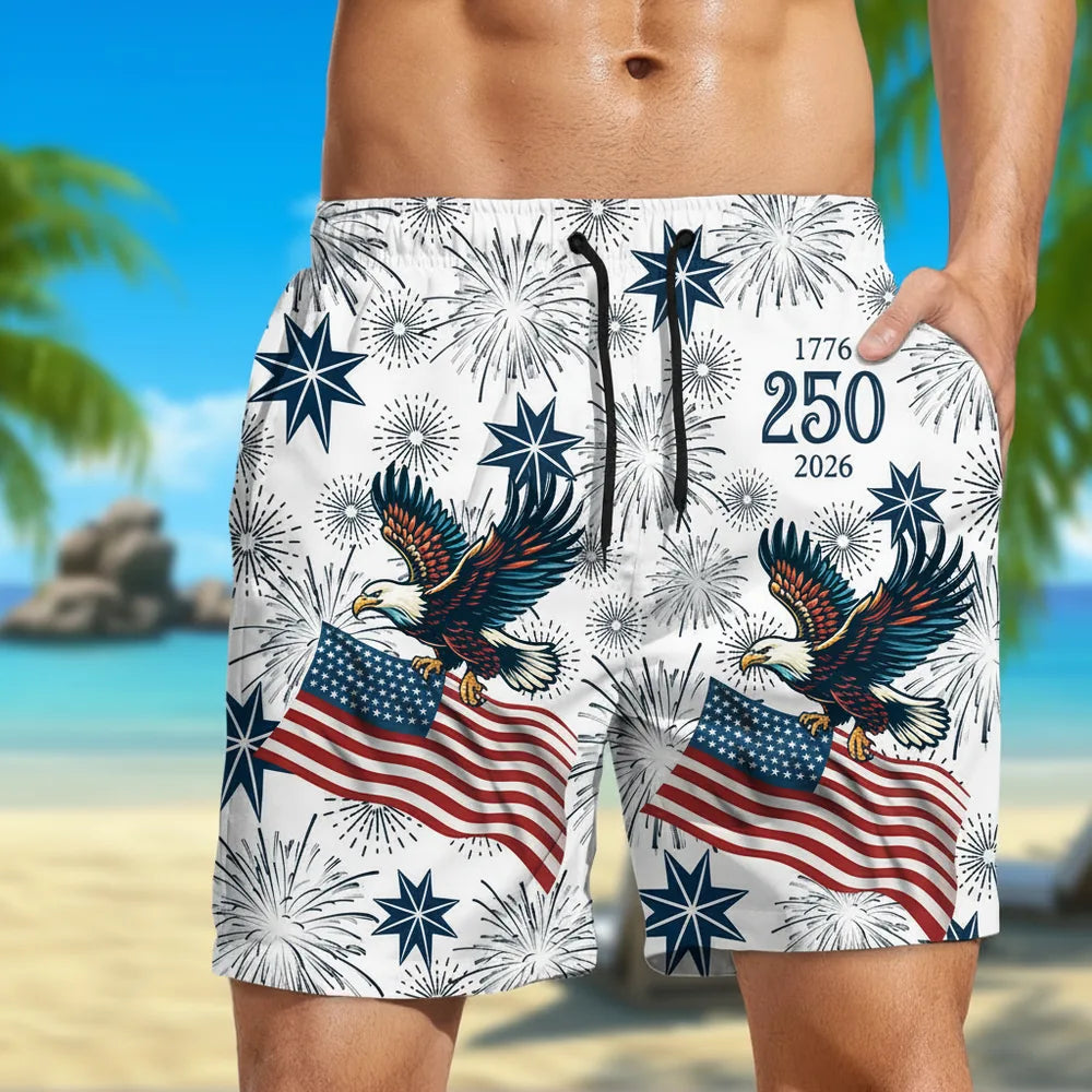 Custom Personalized Beach Shorts with Eagle Fireworks & American Flag main product photo