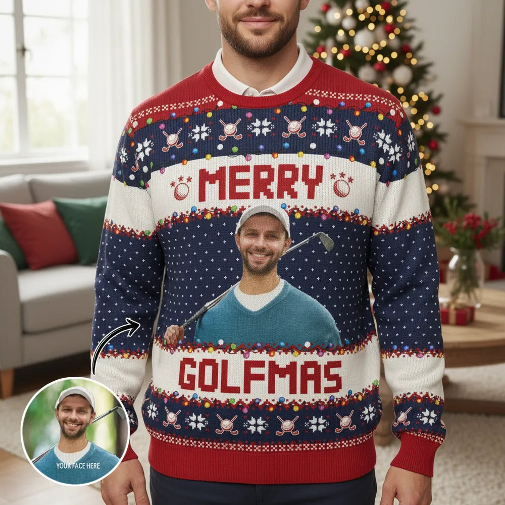Custom Photo Upload Merry Golfmas Golf Christmas Sweater main product photo