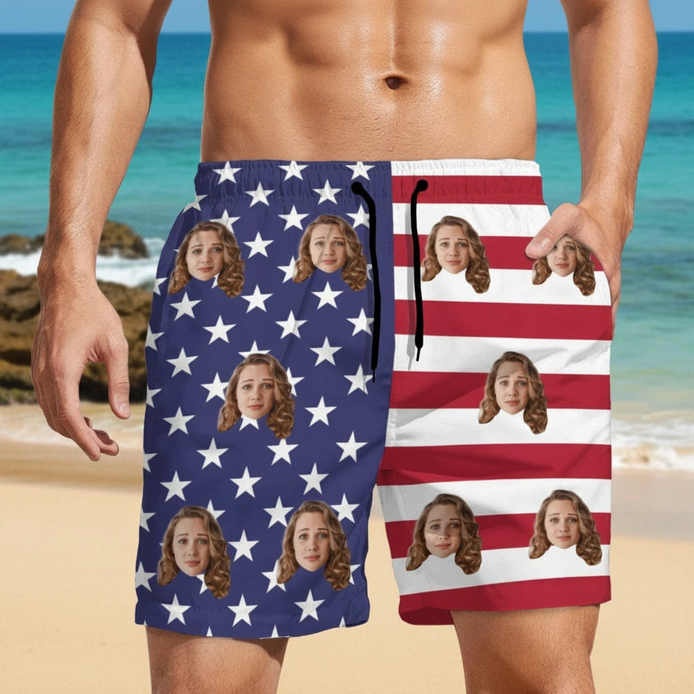 Custom Photo Upload Beach Shorts with American Flag Design main product photo