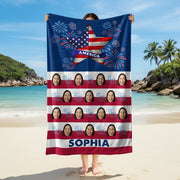Custom Photo Upload Beach Towel with American Flag Star & Fireworks main product photo