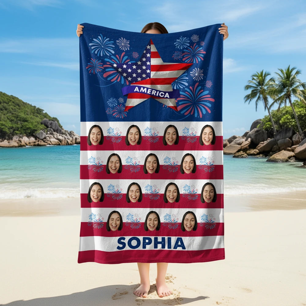 Custom Photo Upload Beach Towel with American Flag Star & Fireworks main product photo