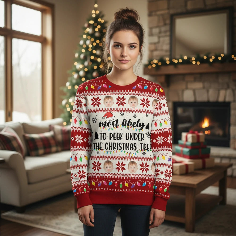 Custom Photo Upload Most Likely to Peek Under the Christmas Tree Sweater main product photo