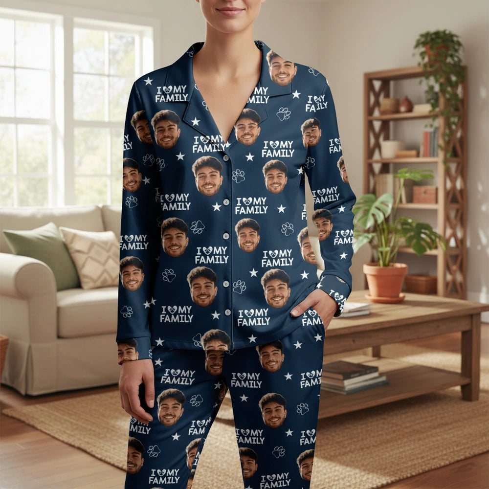 Custom Photo Upload Pajamas with I Love My Family & Paw Prints main product photo