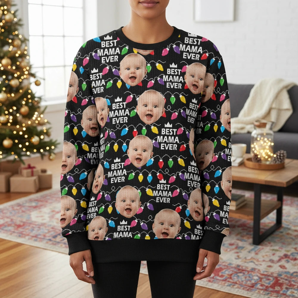 Custom Photo Upload Sweater with Best Mama Ever & Christmas Lights main product photo