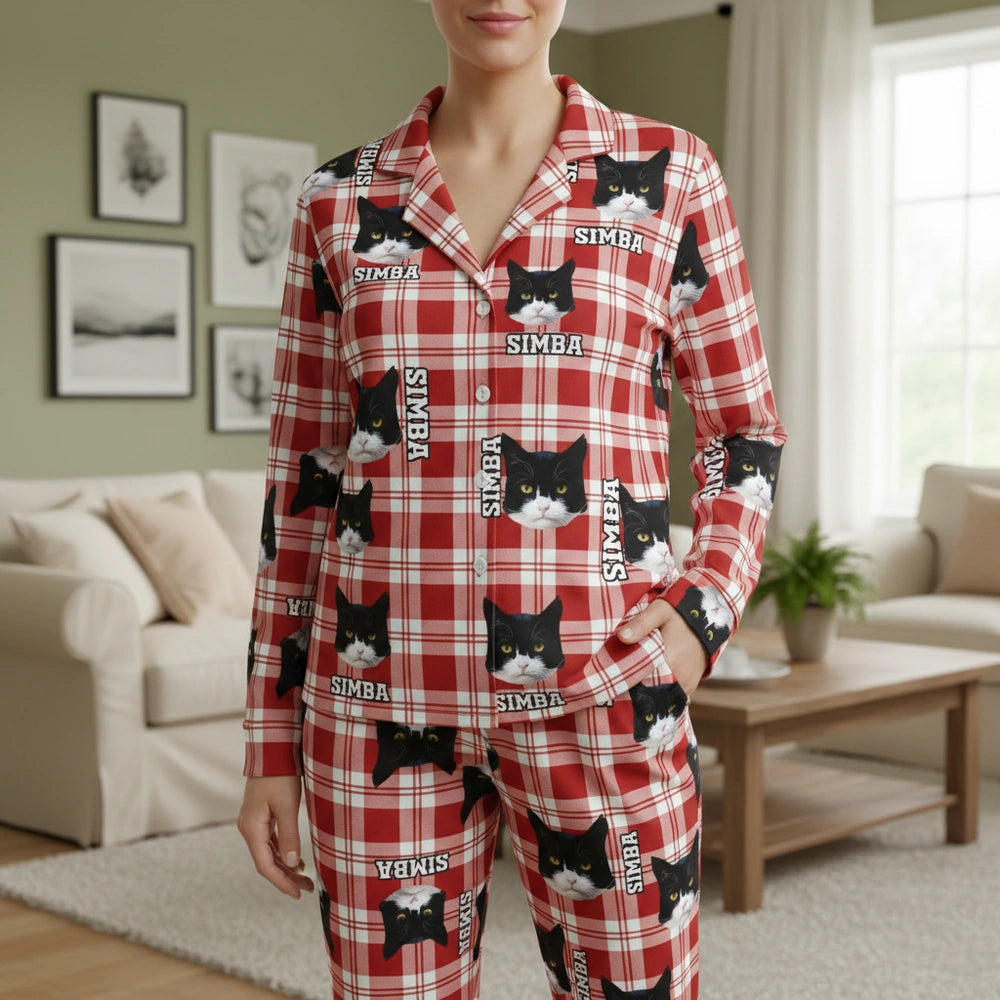 Custom Photo Upload Red Plaid Pajamas with Cat Face Pattern main product photo