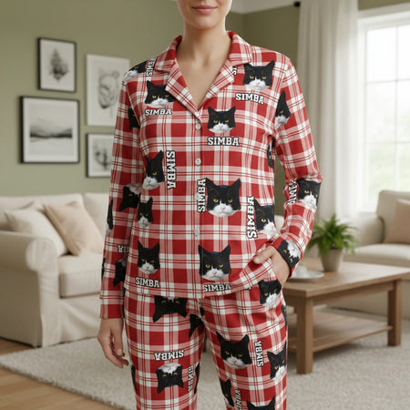 Custom Photo Upload Red Plaid Pajamas with Cat Face Pattern main product photo