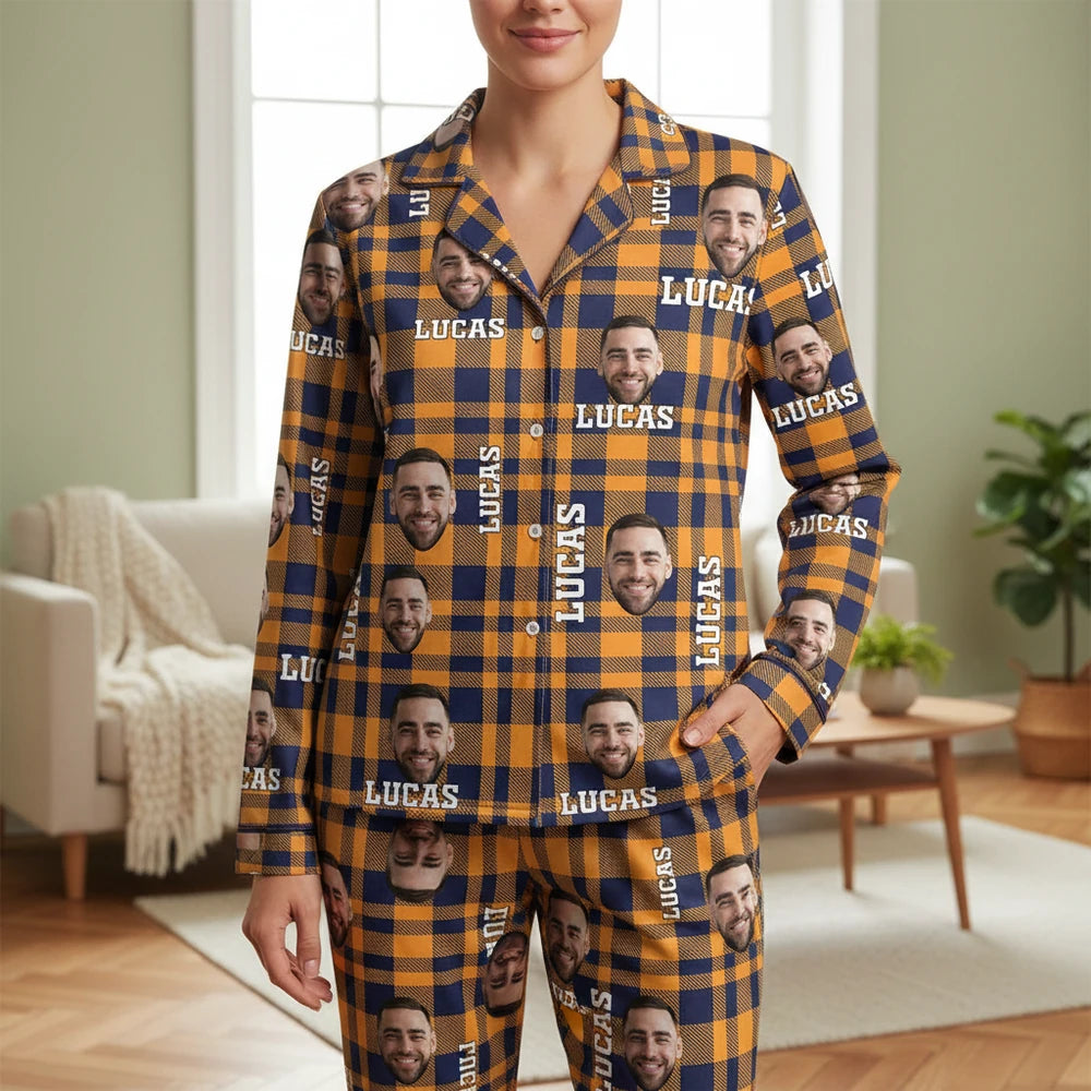 Custom Photo Upload Orange Plaid Pajamas main product photo