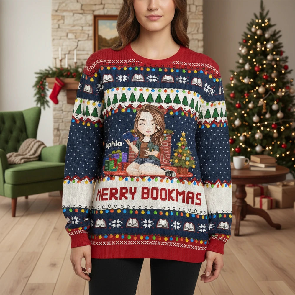 Custom Personalized Sweater with MERRY BOOKMAS and Christmas Lights main product photo