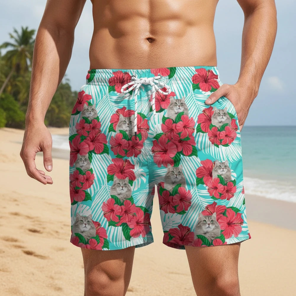 Custom Photo Upload Beach Shorts with Hibiscus Flowers & Cats main product photo