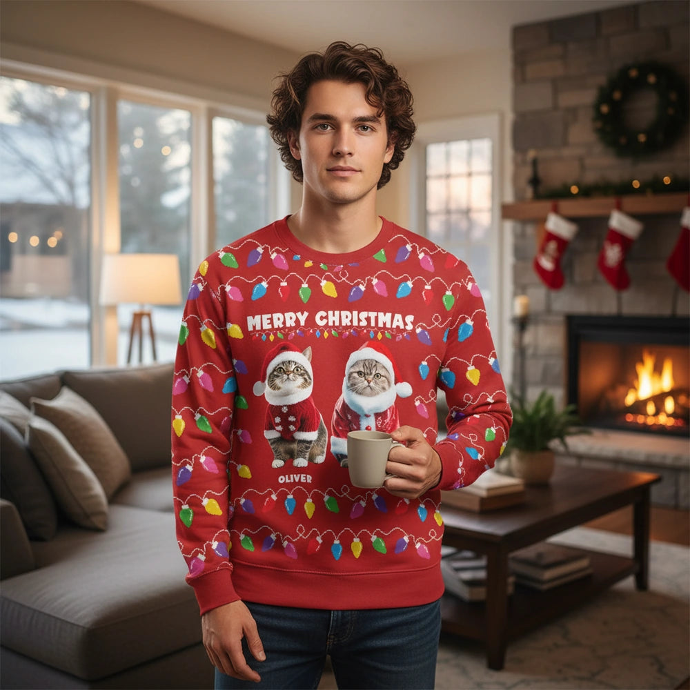 Custom Photo Upload Merry Christmas Sweater with Colorful Lights main product photo