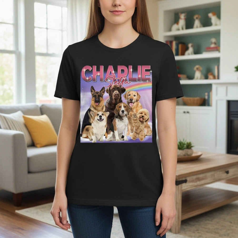Custom Photo Upload T-Shirt with Rainbow and Dog Collage main product photo