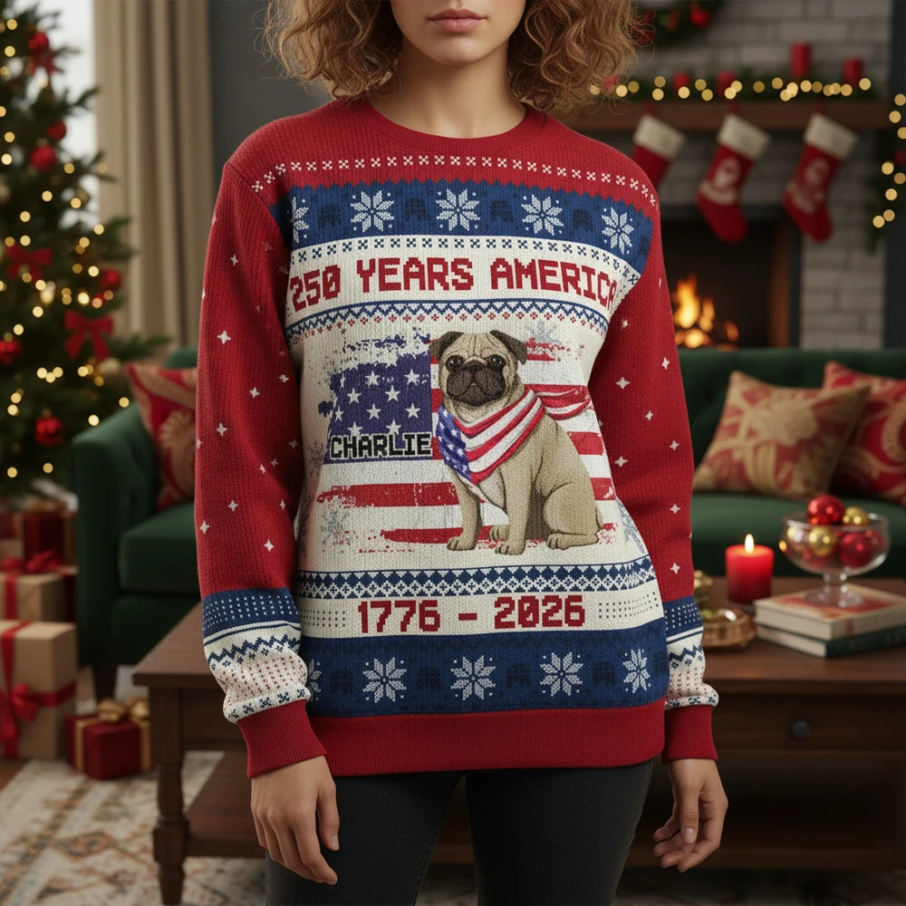 Custom Photo Upload Sweater with Pug and American Flag main product photo