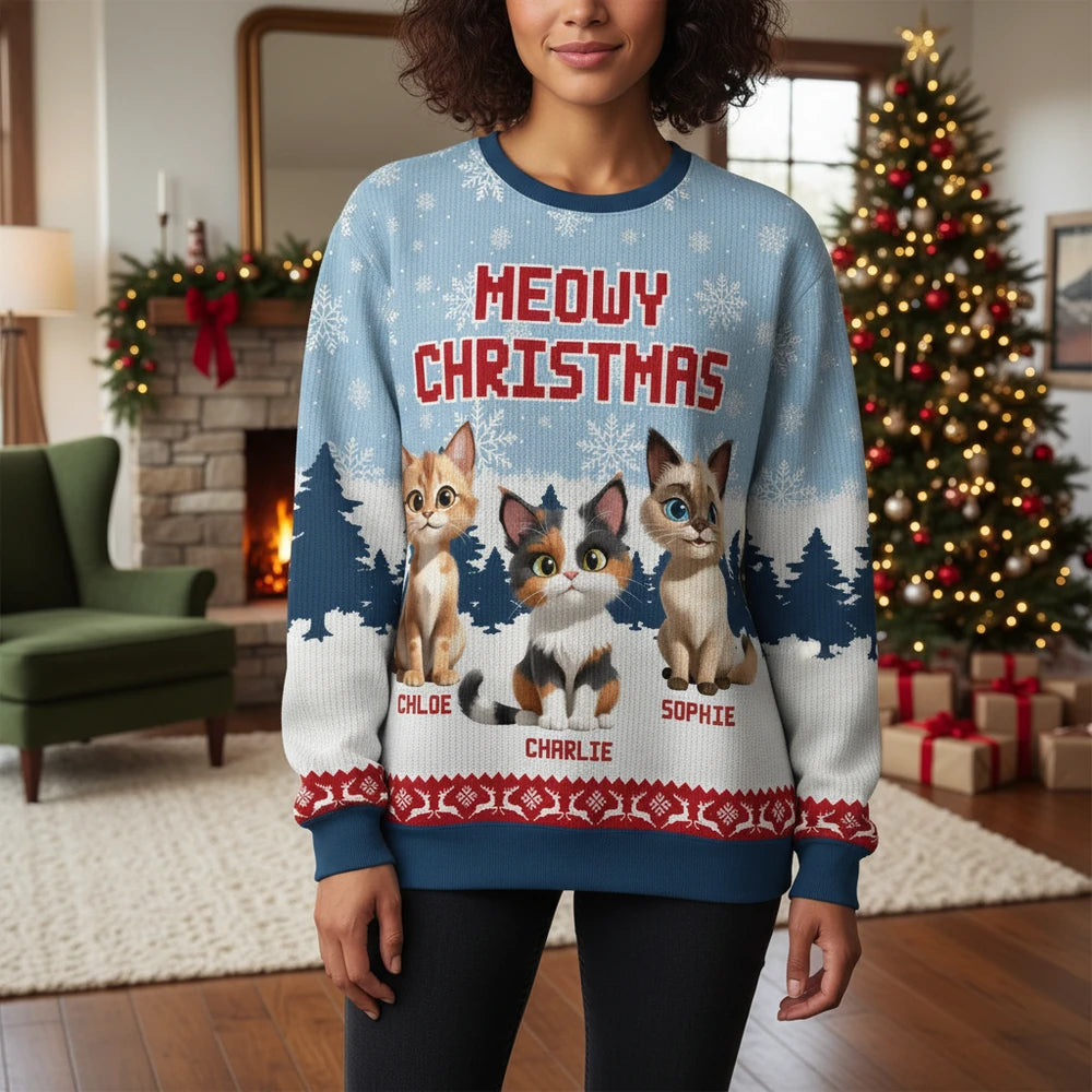 Custom Personalized Meowy Christmas Sweater with Cats & Snowflakes main product photo