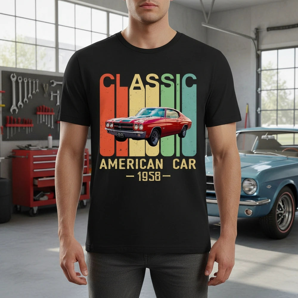 Custom Photo T-Shirt with Classic American Car 1958 Retro Stripes main product photo