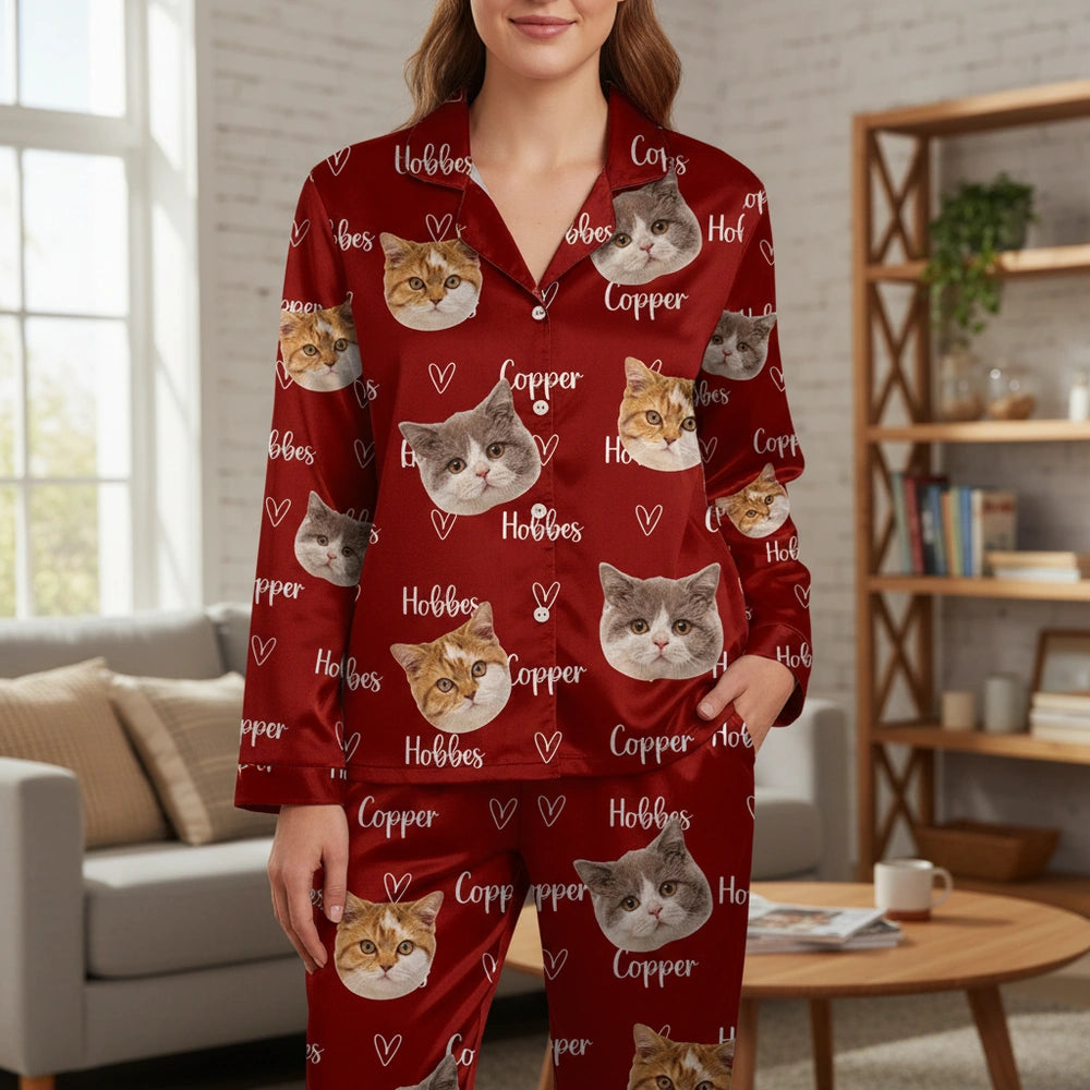 Custom Photo Upload Pajamas with Cat Faces and Hearts main product photo