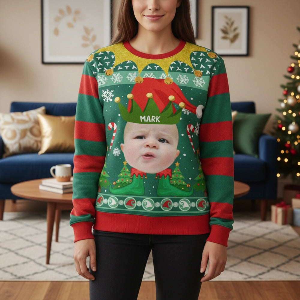 Custom Photo Upload Elf Sweater with Candy Canes & Snowflakes main product photo