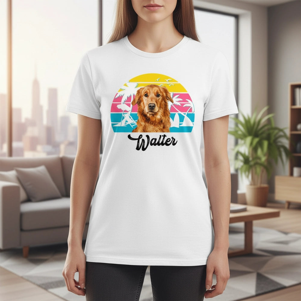 Custom Photo Upload T-Shirt with Tropical Sunset & Palm Trees main product photo