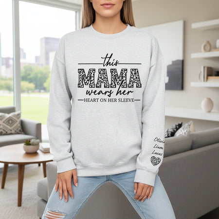 Custom Personalized Leopard Print Mama Sweatshirt with Heart on Sleeve main product photo