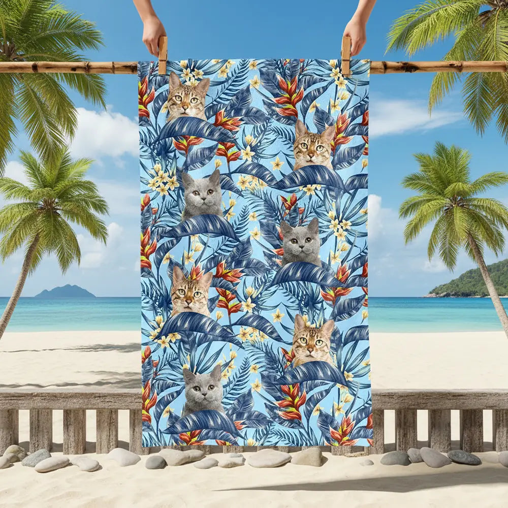 Custom Photo Upload Beach Towel with Tropical Leaves & Cat Faces main product photo