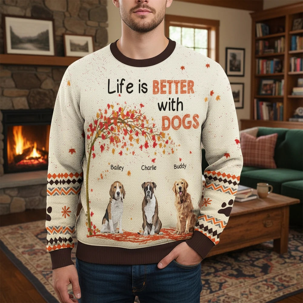 Custom Personalized Sweater with Life is Better with Dogs & Autumn Tree main product photo