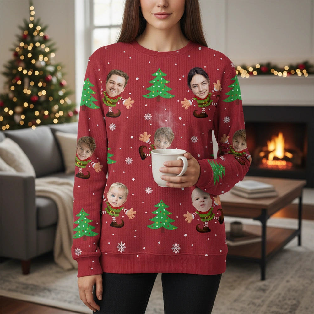 Custom Photo Upload Sweater with Christmas Elves & Trees main product photo