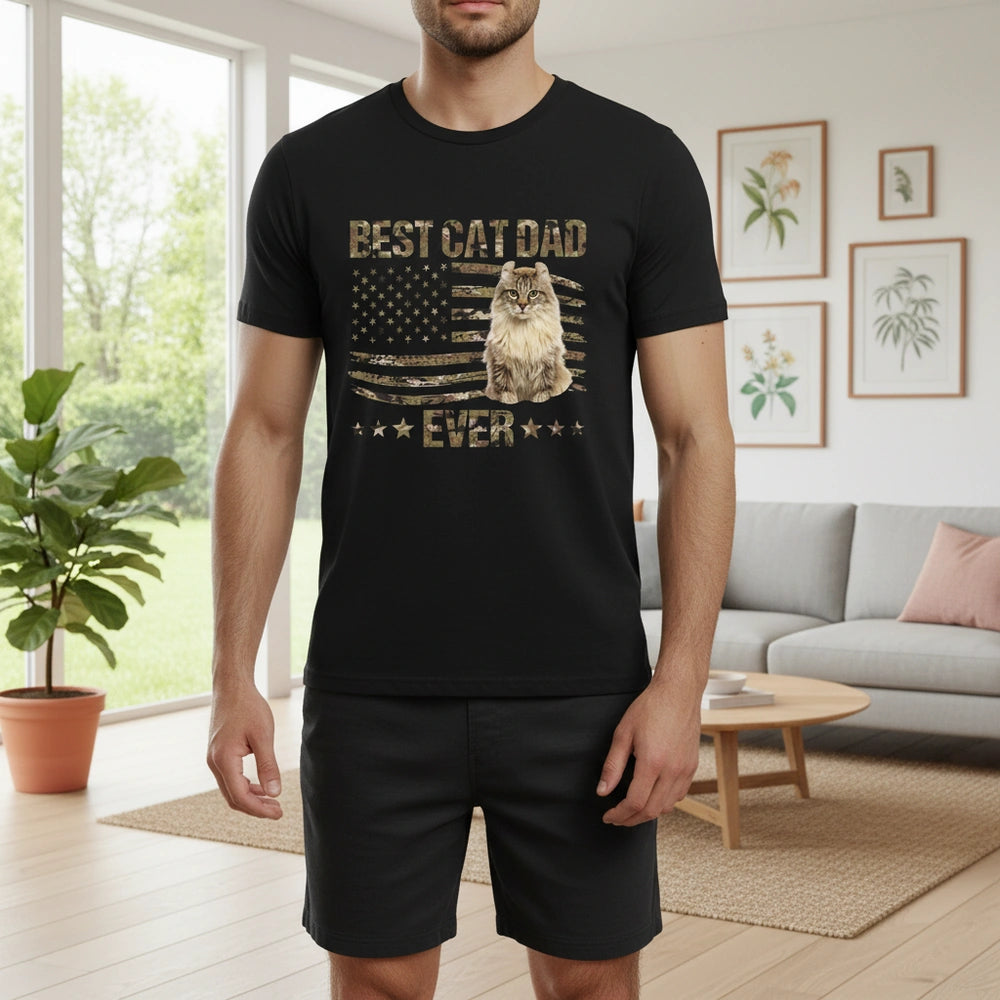 Custom Photo Upload T-Shirt Best Cat Dad Ever with American Flag main product photo